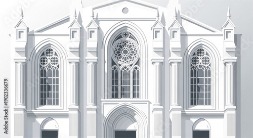 Gothic church facade with ornate stained glass windows and architectural details in gray
