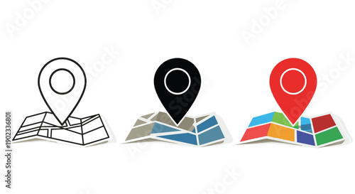 Map pointer and folded map icons location pin navigation destination marker geographic position symbol