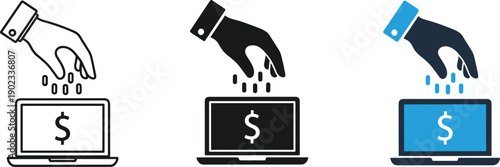 Money falling into laptop computer finance icon investment savings online earning digital income symbol