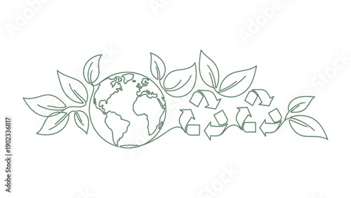 Eco-Conscious World: An illustration showcases planet Earth embraced by organic elements and the symbol of recycling, representing environmental responsibility and the importance of conservation.