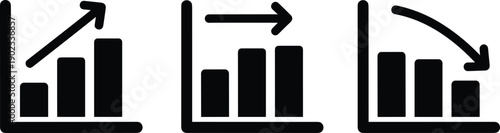 Three black bar chart icons representing data growth, stability, and decline with directional arrows