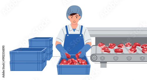 Food Processing Worker in Hairnet and Gloves Packing Meat into Blue Crates for Distribution and Logistics.