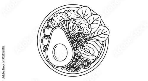 Line art illustration of a healthy plate with avocado broccoli and tomatoes