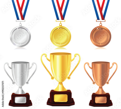 Medals and cups award set. Vector illustration