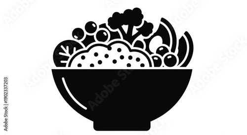 Black silhouette of a bowl filled with rice vegetables and various toppings