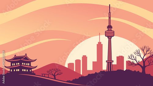 Seoul Skyline Sunset Vector Illustration