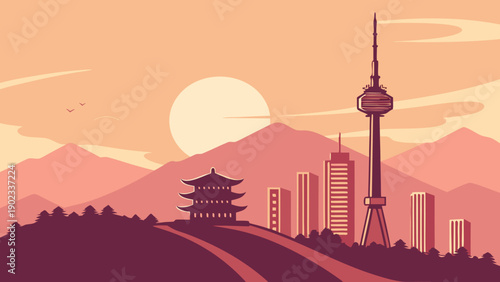 Seoul Skyline Sunset Vector Illustration