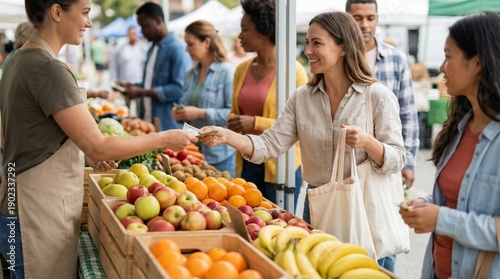Multiracial women buying fresh fruit at outdoor farmers market, friendly vendor exchange and local shopping, healthy eating and community vibe, Earth Day focus