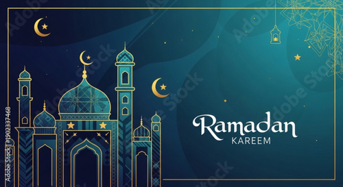 Ramadan kareem greeting card with mosque illustration and crescent moons at night