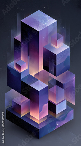 Abstract isometric composition of translucent cubes with cosmic texture soft glow and depth of fantasy space.
