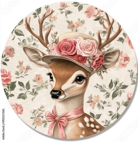 Whimsical deer wearing a floral hat and pink bow fawn