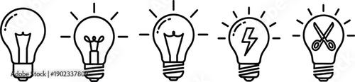 Lightbulb icons different stages of ideas or innovation showing creativity creativity brainstorming and invention progress