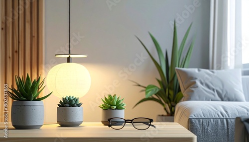 Cozy Interior with Plants and Soft Lighting - A Minimalist Aesthetic.