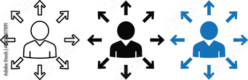 Dissemination icon person spreading information or influence arrows showing various directions vector