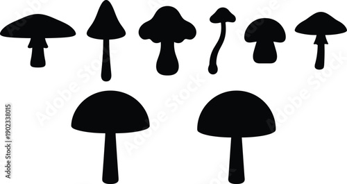 WebMushroom silhouette vector set featuring various fungi shapes and toadstools isolated on white background for autumn forest designs nature patterns and botanical illustrations