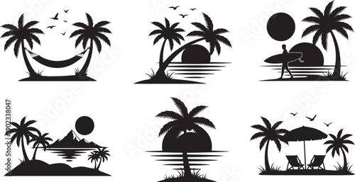 Tropical Beach Paradise A Collection of Serene Sunset Silhouettes with Palm Trees, Hammocks, and Surfboards for Ultimate Relaxation