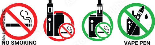 Set of icons no smoking and vaping signs for public places warning forbidden cigarette smoking vector