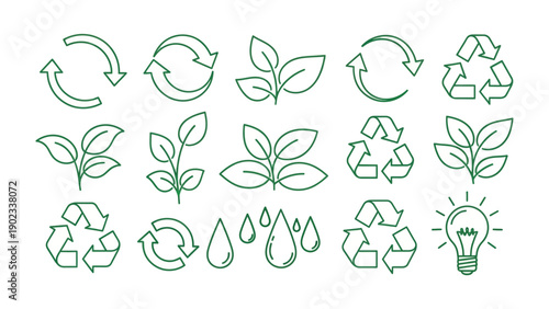 Eco-Friendly Elements: A collection of hand-drawn icons that represent environmental sustainability, showcasing circular arrows, plant sprigs, and a recycle symbol.
