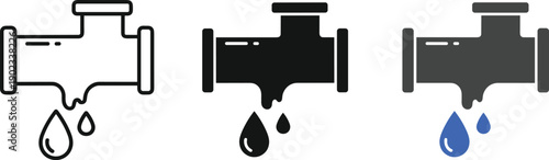 Leaking pipe icon collection showing water drops falling from plumbing fixture in outline and color silhouettes