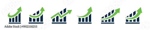 Set of green and dark blue bar chart icons with rising arrows on white background, representing growth and progress