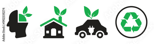 Set of green energy and sustainability icons including recycling car and eco house