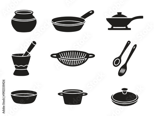 Set of kitchen utensils and cookware icons in simple design