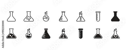 Set of laboratory flasks and beakers icons for science experiments and chemical analysis