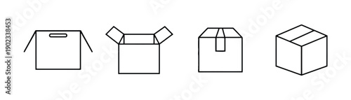 Set of line art icons representing different types of cardboard boxes for shipping and storage