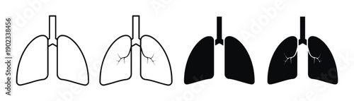 Set of lungs icons in outline and solid black fill, representing human respiratory system anatomy
