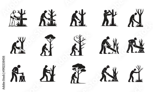 Set of lumberjack and tree cutting icons showing wood chopping with axe and chainsaw