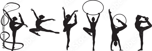 Silhouettes of gymnasts performing various elegant poses, showcasing flexibility and grace in rhythmic gymnastics