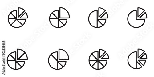 Set of pie chart icons in black outline representing different data portions