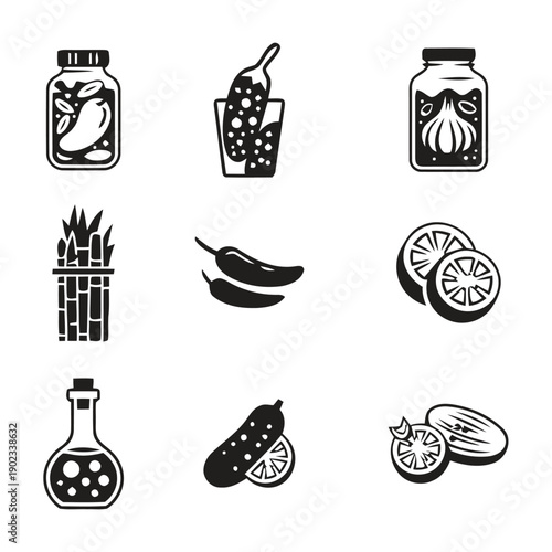 Set of preserved food icons and ingredients for cooking on white background