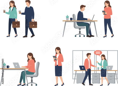 Flat vector illustrations of diverse professionals working at desks collaborating in offices and walking with coffee and briefcases.