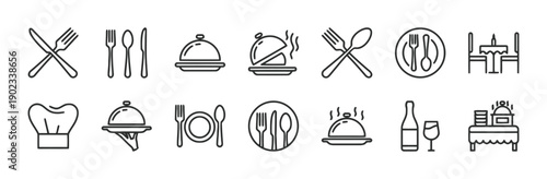 Set of restaurant icons including cutlery chef hat and food service symbols