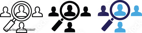 Magnifying glass over people icons in black outline solid black and blue color variations search people concept