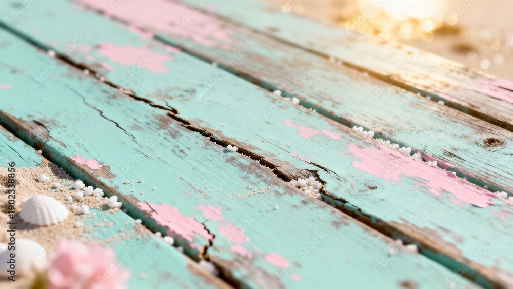 Fototapeta premium Vintage turquoise wooden planks with peeling pink paint, sea shells and sand on sunny beach background