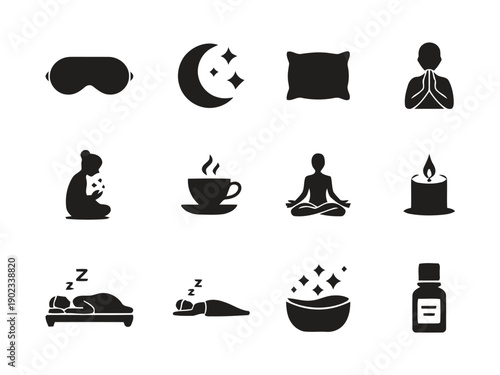 Set of twelve black icons representing sleep, relaxation, and wellness