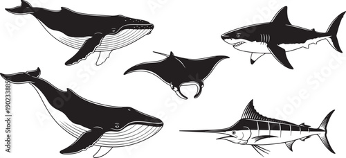 A variety of majestic sea creatures, including a humpback whale, manta ray, shark, and marlin, depicted in a black and white illustration