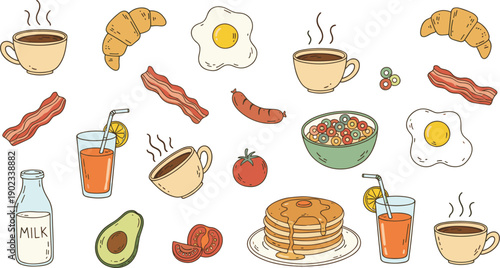 Hand-drawn vector breakfast elements featuring coffee cups croissants fried eggs bacon cereal milk pancakes and fresh orange juice.