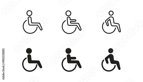 Set of wheelchair accessibility symbols in various styles and perspectives, representing disability support
