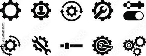 Mechanical gears and settings optimization icons featuring wrench tools and person profile on transparent background