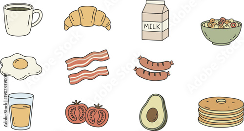 Hand-drawn vector breakfast icons featuring coffee a croissant milk cereal eggs bacon sausage pancakes avocado and tomatoes.