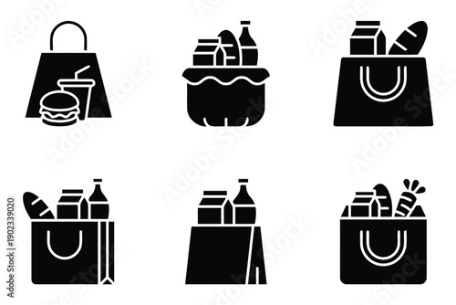 Solid black icons of shopping bags filled with groceries and food items