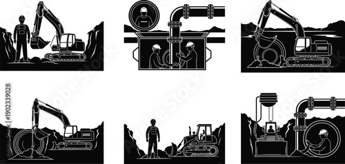 construction, excavation, silhouette, black, white, icon, illustration, vector, design, symbol, workers, excavator, bulldozer, pipes, 