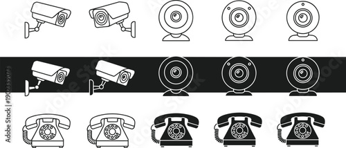 Surveillance camera and vintage rotary telephone technology icons set with webcam designs on transparent background