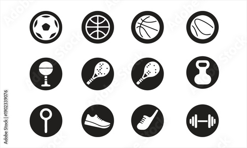 Sports equipment icons for various athletic games and fitness activities