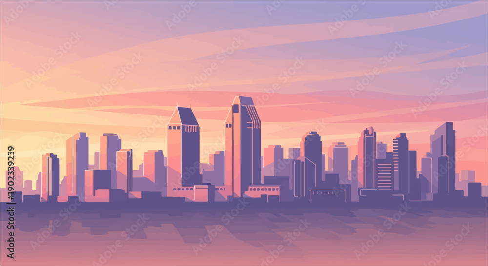 Fototapeta premium Pixel art cityscape at sunset, pink and purple hues, reflected silhouettes
