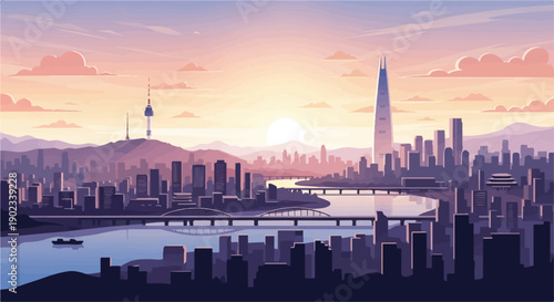 Pixel art city skyline at sunset with mountains and river