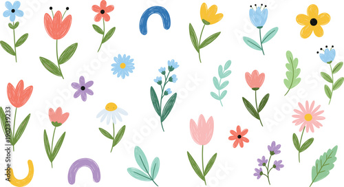 Hand-drawn vector botanical set featuring colorful sketched wildflowers tulips daisies leaves and decorative arches in a whimsical style.